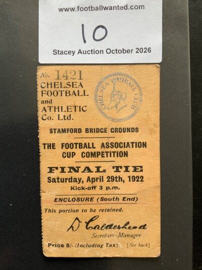1922 FA Cup Final Football Ticket: Huddersfield v Preston played at Stamford Bridge Chelsea. Good condition with perforations to left. C/W tea room ticket which has scuff to rear. Please note if you have a 1922 final ticket please check it. This one is genuine but many sold in the early millennium were fake.