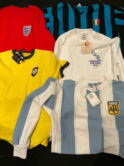 Replica Football Shirt Collection: Includes England 1966, Brazil Italy and Argentina World Cup Shirts and also Leeds 1972 Cup Final, Sunderland 1973 Cup Final. Manchester United 1977 Silver Jubilee and Aston Villa 1982 European Final. (9)