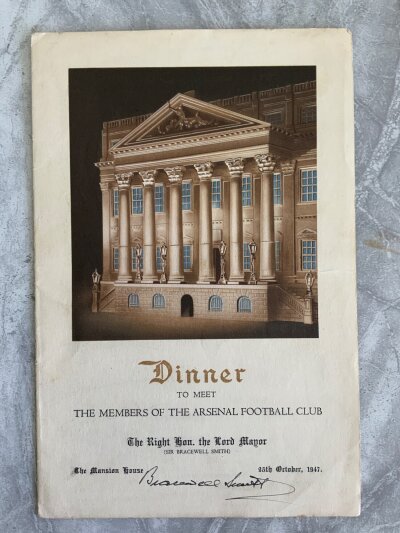 1947 Multi Signed Arsenal Football Menu: Truly stunning menu held at the Mansion House with picture of the building to cover. Incredibly rare dinner from the Lord Mayor to meet members of the Arsenal Football Club. There must be nearly 40 autographs which must be 1st team, reserves, management and staff.