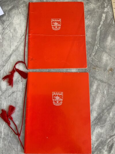 Arsenal Double Season + 1972 FA Cup Football Menu: 70/71 menu is held at Claridges in July 1971 and has a fold. 1972 FA Cup final dinner the evening of the match is at Park Lane Hotel. Both similar looking red menus with Arsenal emblem to front and red ribbons. (2)
