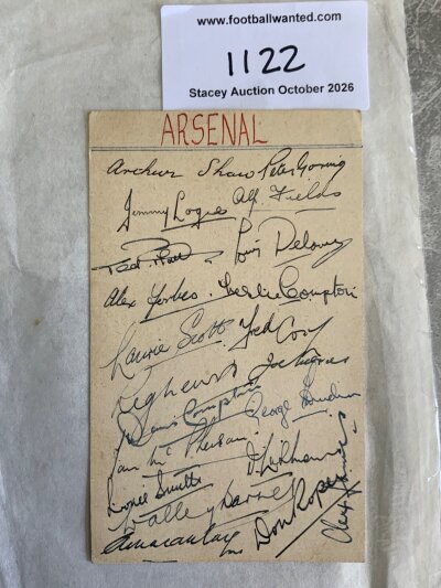 1950 Arsenal FA Cup Autographs + Table Plan: Arsenal beat Liverpool and proceeded to the Cafe Royal where this pullout table plan and list of guest was used. C/W a hand signed page of the winning squad. 22 autographs include both Comptons Scott Fields Mercer Barnes Goring Macauley Roper James Lewis Logie and others. (2)
