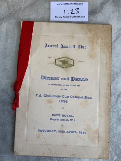 Arsenal 1936 FA Cup Final Football Menu: Held in London the evening of the win over Sheffield United. Rare item with red ribbons.