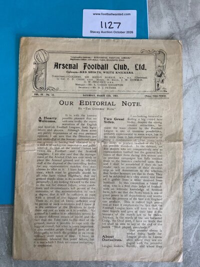 1921 Football League v Scottish League Football Programme: Fair condition programme with no team changes played at Arsenal on 12 3 1921. Taped spine and tear on fold.