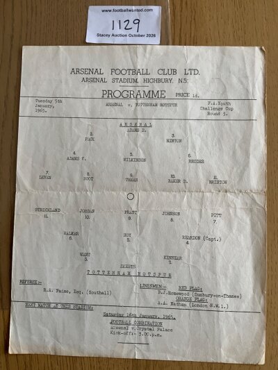 64/65 Arsenal v Tottenham Youth Cup Football Programme: Large single sheet without writing. Small tear and folding. Arsenal got to the final this season.