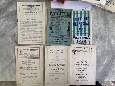 45/46 Football Programmes: Includes a home programme of Hayes Walthamstow Derby Sheffield Wednesday Crystal Palace and Hereford. Very good. (6)