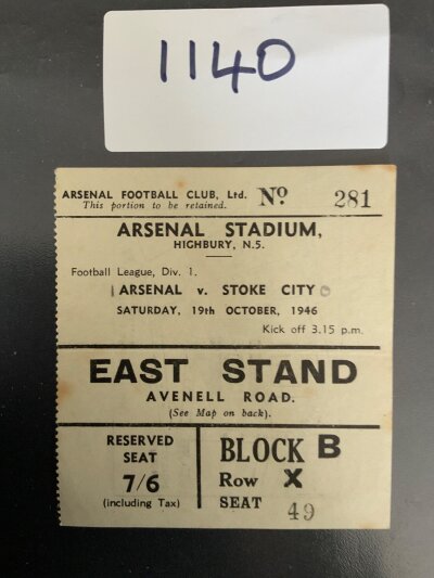 46/47 Arsenal v Stoke City Football Ticket: League ticket is good with score written in pencil. First league season after the war.