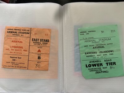 Arsenal Home Football Ticket Folder: From 1954 to 1972 to include 58/59 Bolton 60/61 Sheffield Wednesday 61/62 Wolves Ipswich champions 62/63 Tottenham plus England v Football League + Young England and more. Very good. (47)