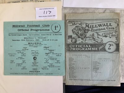 1940s Millwall Home Football Programmes: First match after the war v Portsmouth on 25 8 1945 plus 44/45 Fulham cup match which is a single sheet. Good. (2)