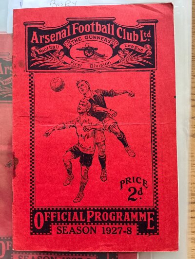 1927 - 1928 Arsenal v Bury Football Programme: For the match played on 31 12 1927. Rusty staples removed and new staples holding firm. Scores and team changes noted.