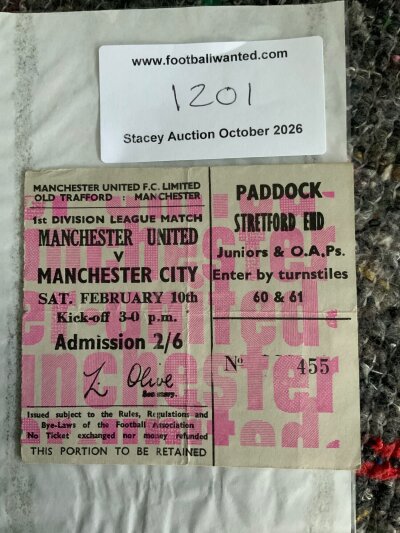 1966/67 Manchester United v Manchester City Postponed Football Ticket: Good condition league match with fold dated 10 2 1967. Man Utd champions.