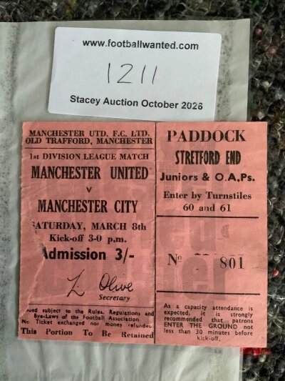 1968/69 Manchester United v Man City Pink Football Ticket: Good condition league match with light fold.