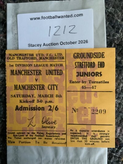 1968/69 Manchester United v Man City Yellow Football Ticket: Good condition league match with light fold.