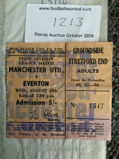 1969/70 Manchester United v Everton Football Ticket: Good condition league match with light fold. Everton champions this season.