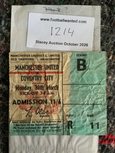 1969/70 Manchester United v Coventry Football Ticket: Fair/good condition league match with light creasing.