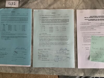 John O’Shea Manchester United Football Contracts: Very interesting original documents hand signed by John. His first in the treble season of 98/99 with a weekly wage of 350 pounds going up to 550 pounds in 2001 and then a contract from 2002 to 2006 finishing with 5.5m per annum. Two contracts and a letter on Manchester United headed paper with details of appearance money.