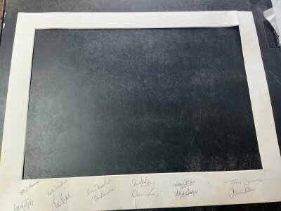 Manchester United 1968 European Cup Winning Signed Mount: All 11 plus Denis Law have hand signed the bottom of the mountain. Includes Best Charlton Stiles and Brennan. Inside of Mount measures 19 x 13 inches but could be cut for a picture of your choice. Minor marks and creasing. Obtained by vendor who organised dinners in their honour.
