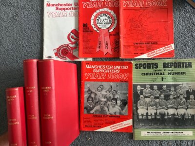 Manchester United Bound Volumes Of Football Programmes: First team home programmes with covers housed in red binders with seasons to spine for seasons 78/79 82/83 84/85. C/W 1949 team group on front cover of Sports Reporter magazine plus Yearbooks numbers 2 5 6 8 from the 70s. Instructions to sell.