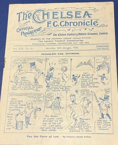 1925 - 1926 Chelsea v Port Vale Football Programme: Played on 16 January 1926 with no team changes. Rusty staple removed with slight paper loss but no text affected.