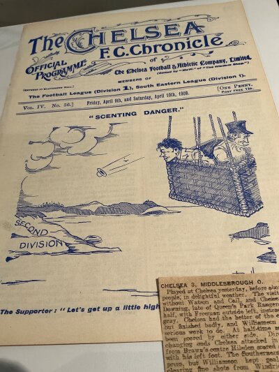 1908 - 1909 Chelsea v Middlesbrough + Notts County Football Programme: Ex bound volume with no team changes. Joint programme for Easter matches on 9 + 10 April. Includes small press cutting of the Middlesbrough game. (1)