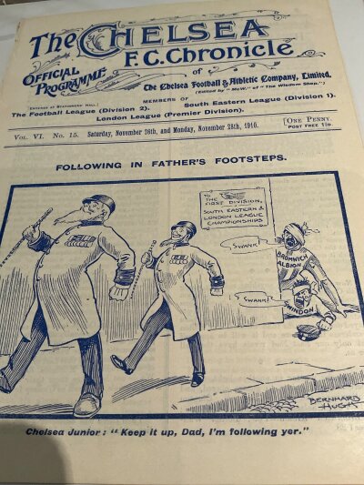 1910 - 1911 Chelsea v Hull + QPR v Swindon Football Programme: Ex bound volume with no team changes. Joint programme for matches on 26 + 28 November with the QPR match being a charity cup semi final. (1)