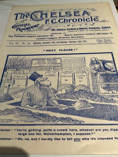 1910 - 1911 Chelsea v Clapton Orient + Crystal Palace Football Programme: Joint pull out programme for matches on 11 and 13 February with no team changes. Minor paper loss with no text affected. (1)