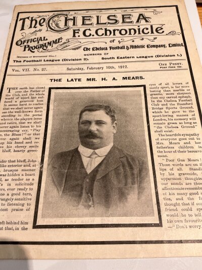 1911 - 1912 Chelsea v Grimsby Football Programme: Ex bound volume with no team changes for the match on 10 February but half time scores entered. Programme features the obituary of the Chelsea founder Gus Mears to cover.