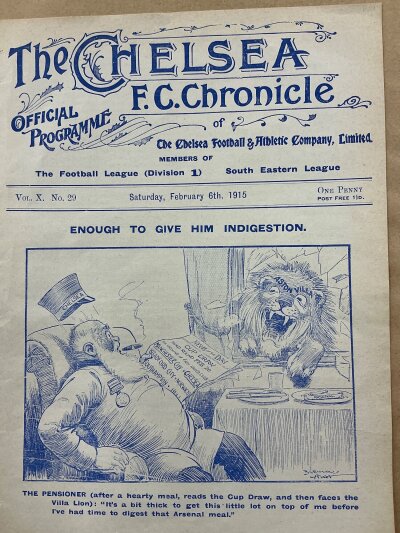 1914 - 1915 Chelsea v Aston Villa Football Programme: Ex bound volume with no team changes for the match on 6 February 1915.