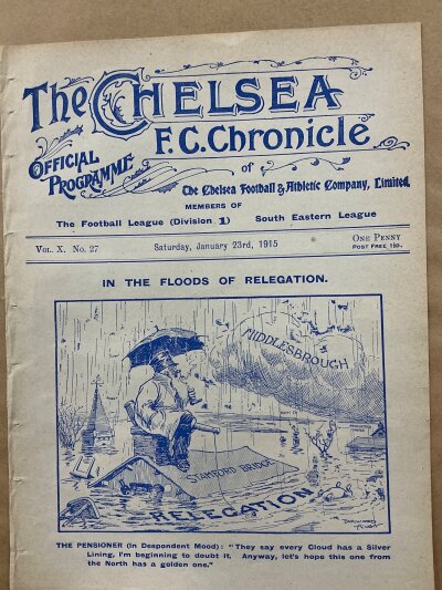 1914 - 1915 Chelsea v Middlesbrough Football Programme: Ex bound volume with no team changes for the match on 23 January 1915.