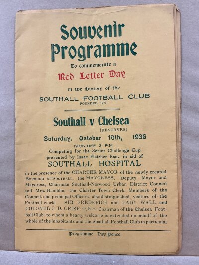 1936 - 1937 Southall v Chelsea Football Programme: Twelve page programme with no team changes for the friendly match on 10 October.