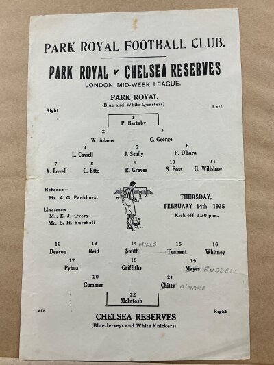 1934 - 1935 Park Royal v Chelsea Reserves Football Programme: Single sheet programme with pencilled team changes for the London Midweek League match on 10 October. Folding.