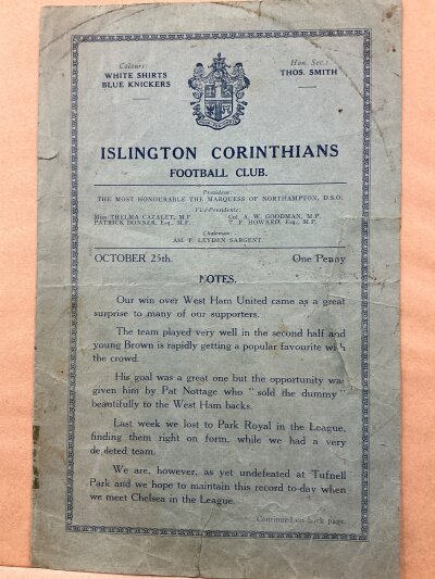 1934 - 1935 Islington Corinthians v Chelsea Football Programme: Four Page programme with no team changes for the Midweek League match on 25 October. Slight creasing and some sellotape evident inside.
