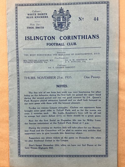 1935 - 1936 Islington Corinthians v Chelsea Football Programme: Eight page programme with no team changes for the match on 21 November.