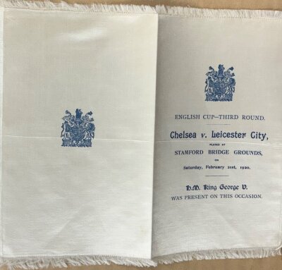 1919 - 1920 Chelsea v Leicester Silk Football Programme: Directors and dignitaries special silk programme for the visit of King George 5th on 21 February 1920.