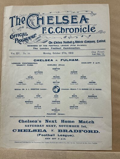 1919 - 1920 Chelsea v Fulham Football Programme: Single sheet for the London Professional Fund played on 27 October 2019.