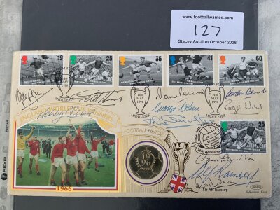 England 1966 World Cup Signed FDC: Produced in 1996 and signed by Alf Ramsey and 10 of the 11 that played in the final (excludes Moore). Attractive cover with genuine autographs.