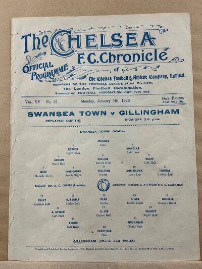 1919 - 1920 Swansea v Gillingham At Chelsea Football Programme: Single sheet for the FA Cup replay played on 5 January 1920.