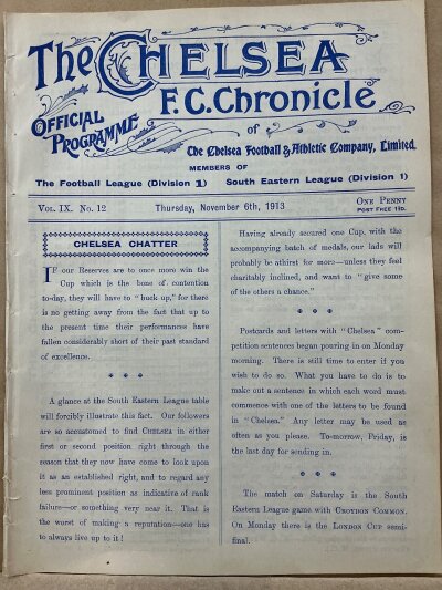 1913 - 1914 Chelsea v Millwall Athletic Football Programme: Ex bound volume with no team changes. For the Middlesex Professional Reserves Cup Semi Final on 6 November 1913.