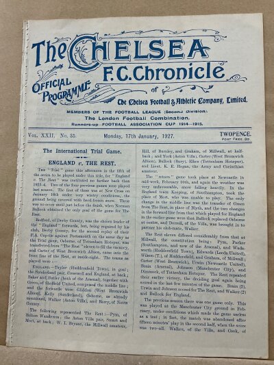 1926 - 1927 England v The Rest Trial Match at Chelsea Football Programme: Ex bound volume with no team changes. Programme for the match played on 17 January 1927