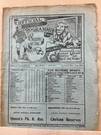 1928 - 1929 Millwall v Chelsea Football Programme: Ex bound volume with score noted and team changes for the match played on 17 November 1928. Edges of paper frayed.