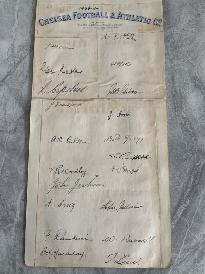 1933 - 1934 Chelsea Football Team Autographs: 20 signatures stuck down to card to include Woolley Gregg and Russell.