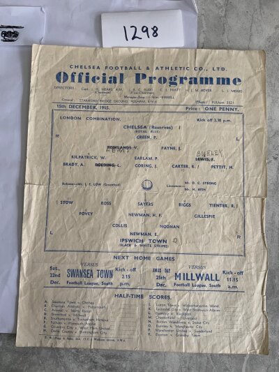 45/46 Chelsea v Ipswich Reserves Football Programme: London Combination single sheet dated 15 12 1945. Fair condition with pencilled team changes.