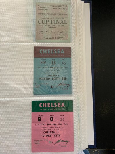Chelsea Football Ticket Collection: Home and away the majority from 62/63 Stoke postponed onwards. Includes homes v 58/59 Preston, 65/66 Liverpool champions Roma, 63/64 West Ham Tottenham. Aways include 70/71 Crystal Palace 71/72 Arsenal, 94/95 Brugge, 91/92 Sligo. There is a 1945 final and plenty more from all eras including modern. (140)
