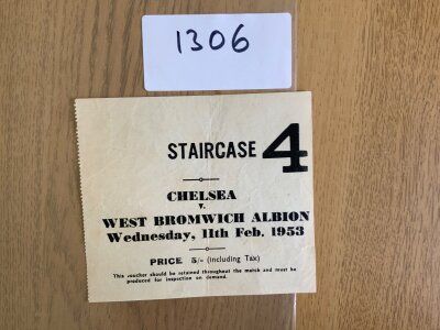 52/53 West Brom v Chelsea FA Cup Football Ticket: Played at Arsenal on 11 2 1953 for the 4th round 3rd replay in good condition with light fold.