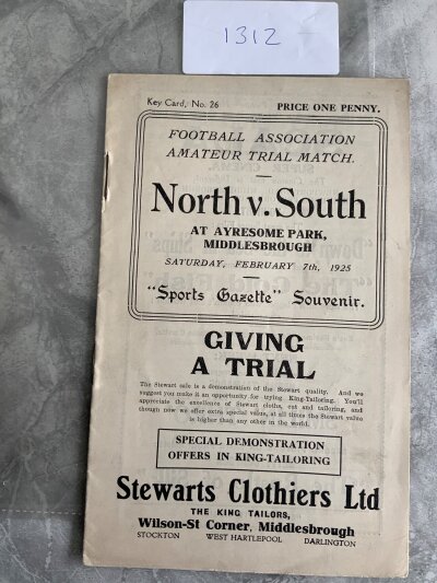 1924 - 1925 North v South Football Programme At Middlesbrough: Amateur trial match in excellent condition with no team changes.
