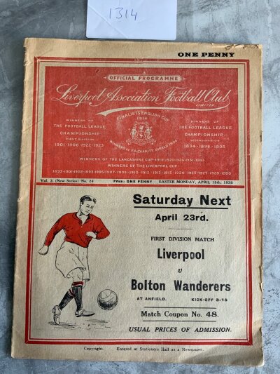 1937 - 1938 Liverpool v Bolton Football Programme: First division programme in good condition with no team changes. Tiny piece of paper stuck to back page.