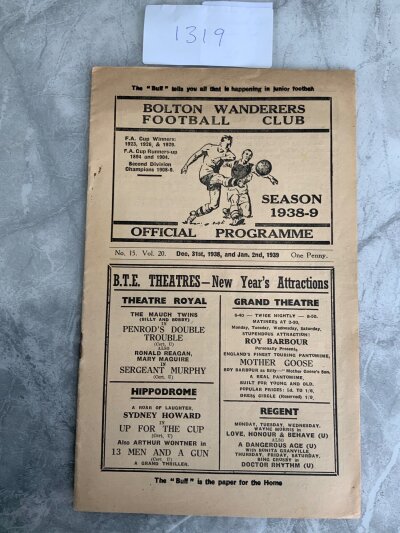 38/39 Bolton v Portsmouth + Stoke Football Programme: New year programme covering both matches. Excellent condition with a pencilled team change. (1)
