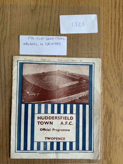 1936 FA Cup Semi Final Football Programme: Grimsby Town v Arsenal played at Huddersfield in fair/good condition with no team changes but scorer Bastin written inside. Team names and score written to cover border. Fold.
