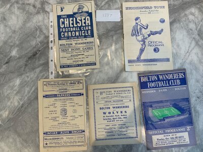 Bolton Football Programmes: Home 46/47 Wolves 53/54 Portsmouth 57/58 Hearts and away at 47/48 Chelsea 53/54 Huddersfield. Excellent. (5)