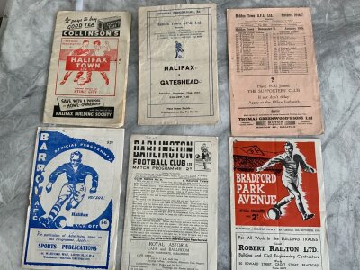 Halifax Football Programmes: Home 46/47 Doncaster, 47/48 Gateshead sof, 52/53 Stoke FA Cup. Aways at 48/49 Darlington date written on cover, 50/51 Bradford Park Avenue hole punched, Barrow. Good unless stated. (6)