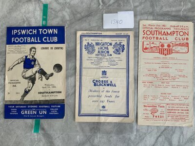 Southampton Football Programmes: Home 50/51 Grimsby, Away 53/54 Brighton, Ipswich. Good. (3)